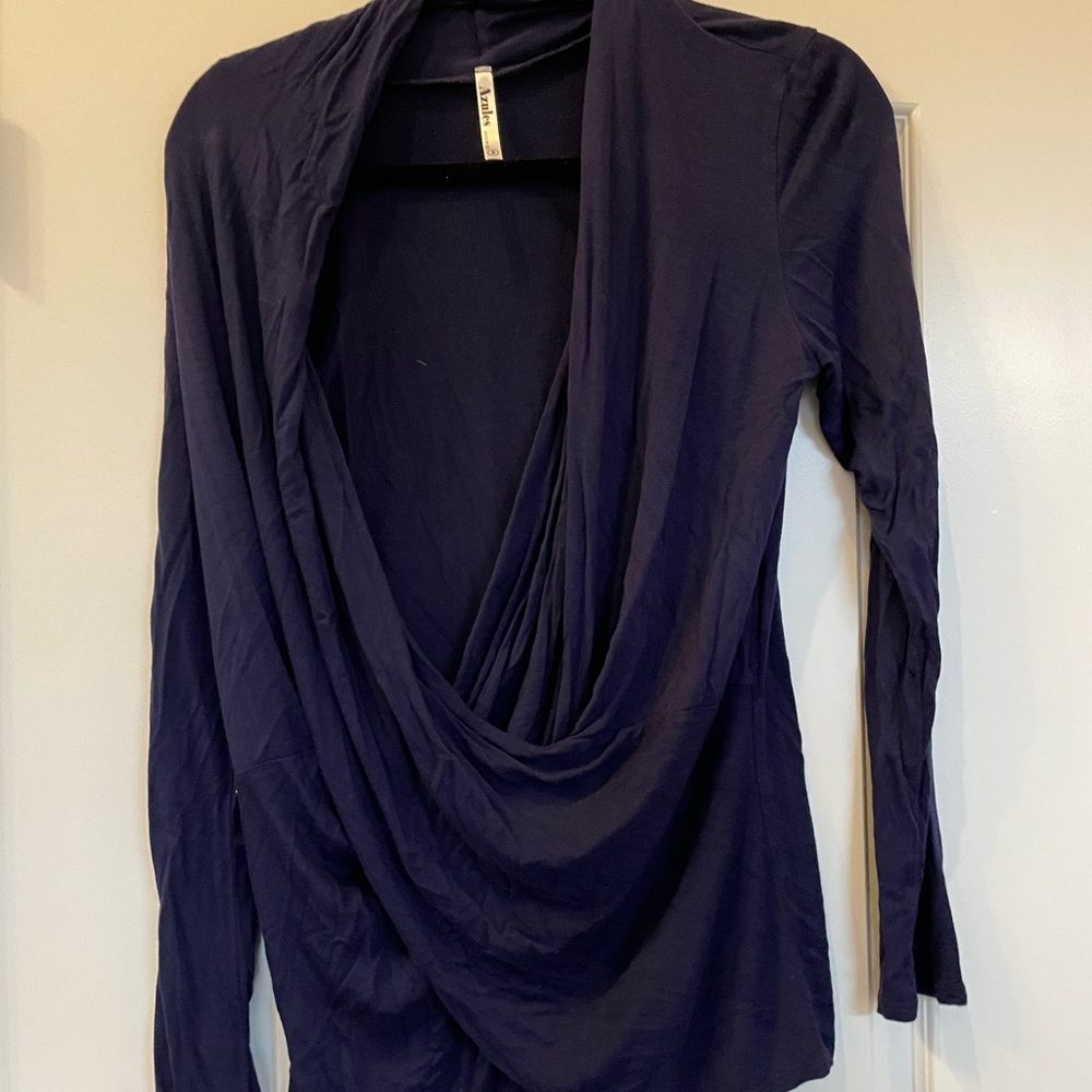Blue Asymmetrical Wrap Long Sleeve Blouse